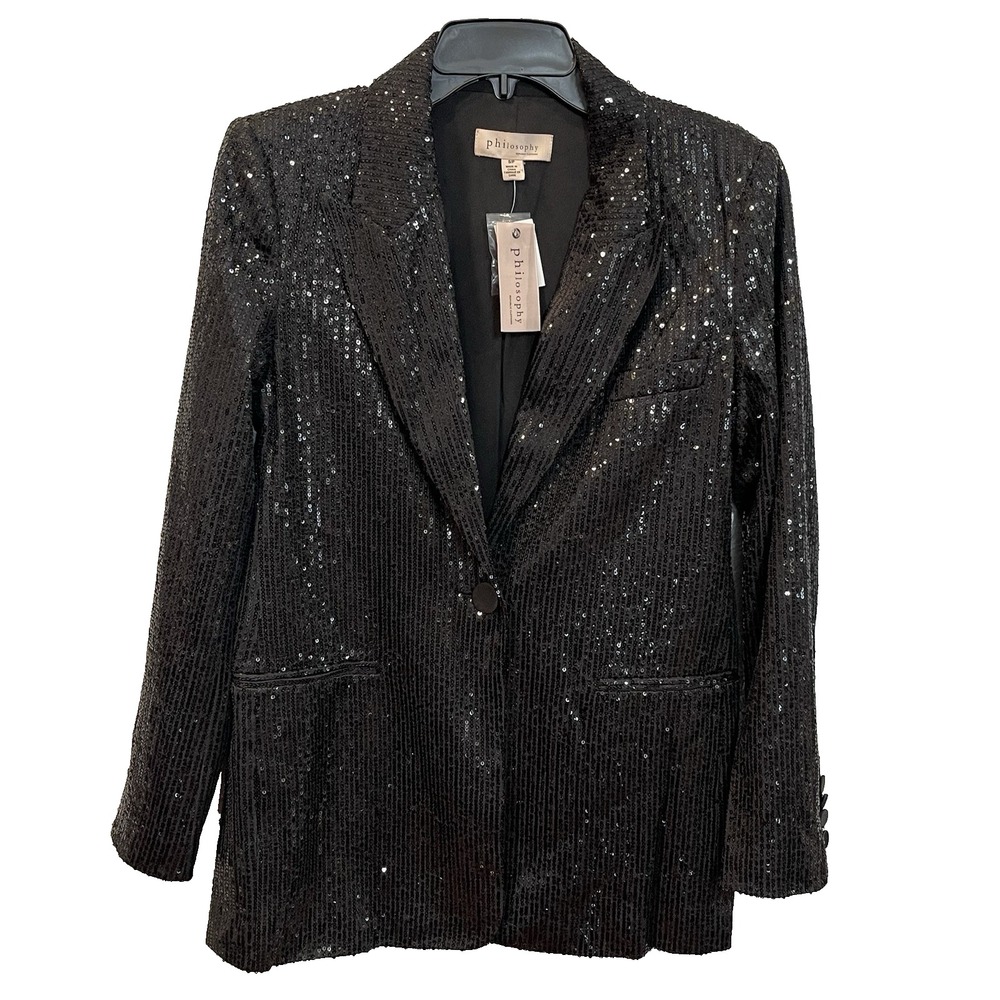 Philosophy Women's SP Black Embellished Sequin Pockets Boyfriend‎ Blazer Jacket